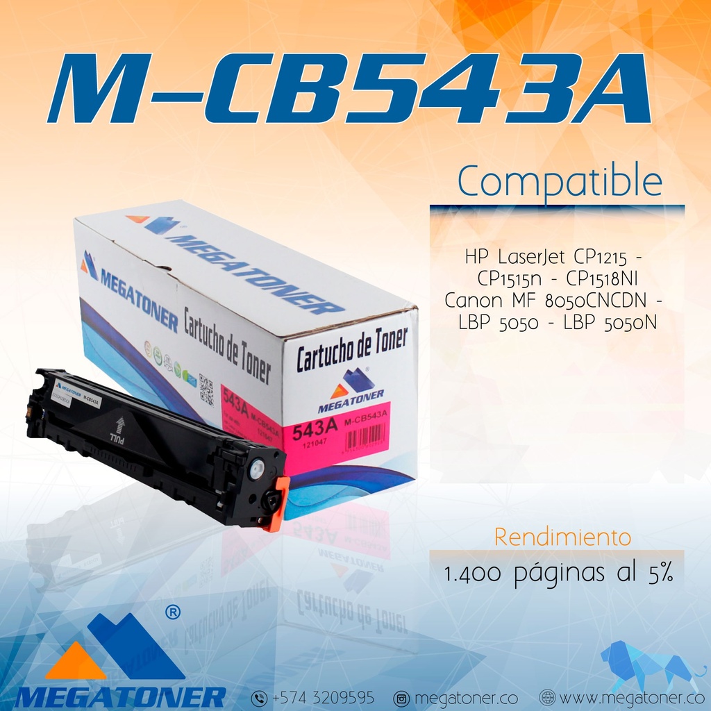 Cartucho de Tóner MEGATONER M-CB543A/CE323A/CF213A (125A/128A/131A) Compatible con HP (CM1300, CM1312, CP1210, CP1510, CP1525, CM1415, 200 M251, M276)