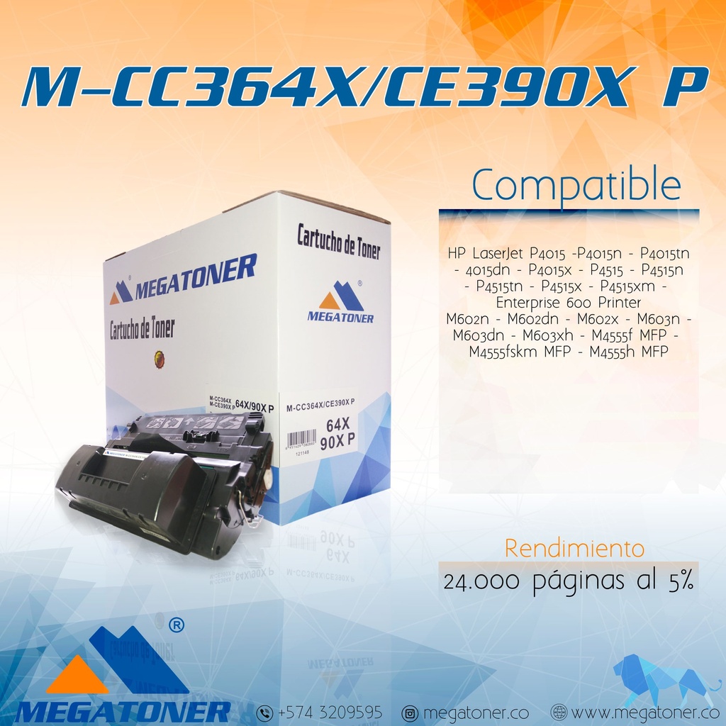 Cartucho de Tóner MEGATONER M-CC364X/CE390X (64X/90X) Compatible con HP (4515, P4015, M4555, M602, M603) Alto Rendimiento