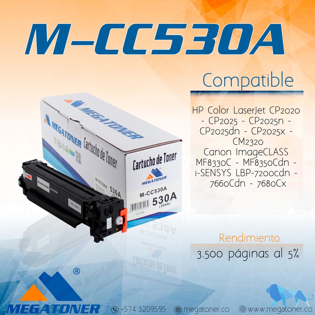 Cartucho de Tóner MEGATONER M-CC530A/CE410X/CF380X (304A/305X/312X) Compatible con HP (CP2020, CM2320, M2320, MF2320, 300 M351, 300 M375, 400 M451) Alto Rendimiento