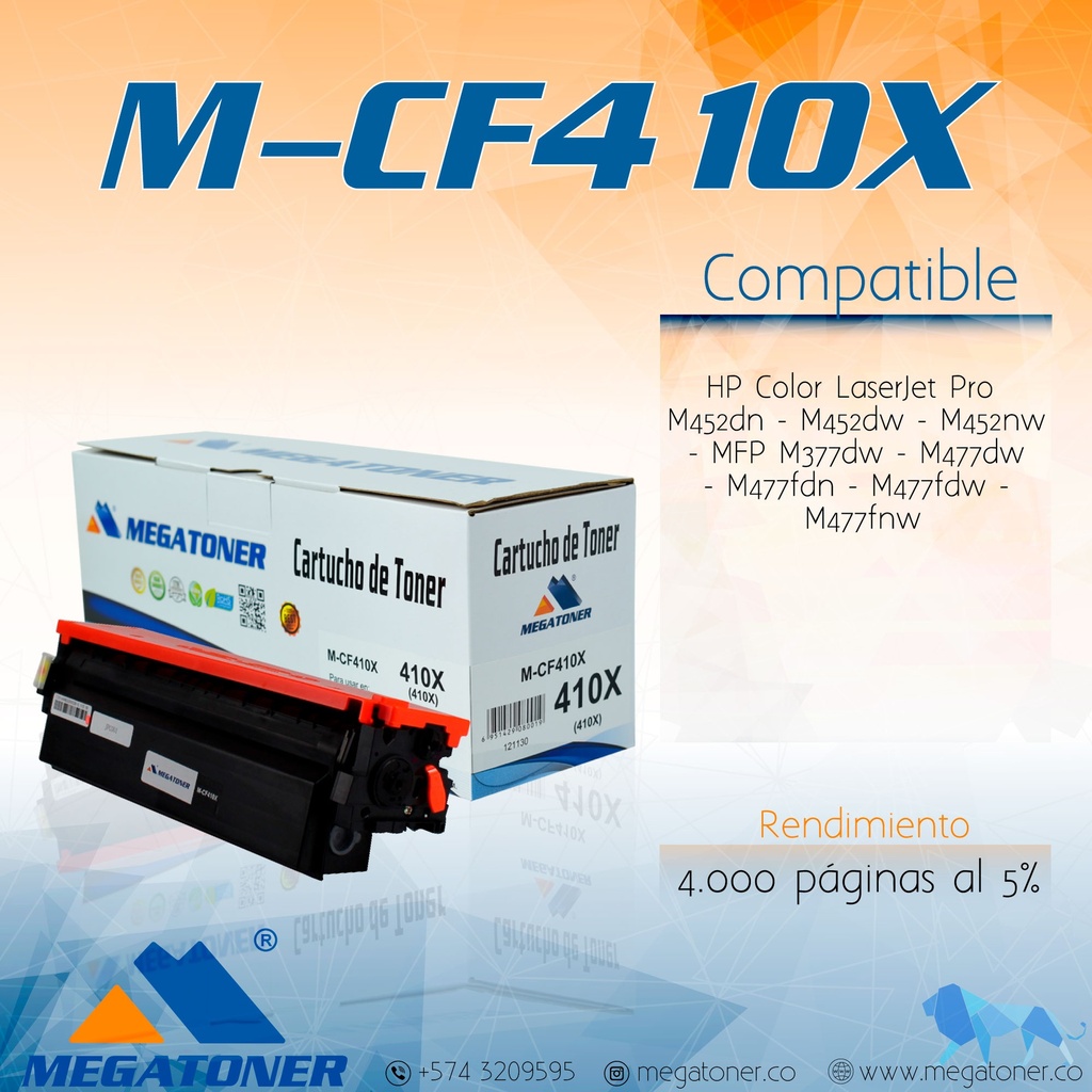 Cartucho de Tóner MEGATONER M-CF410X (410X) Compatible con HP (M452, M477) Alto Rendimiento