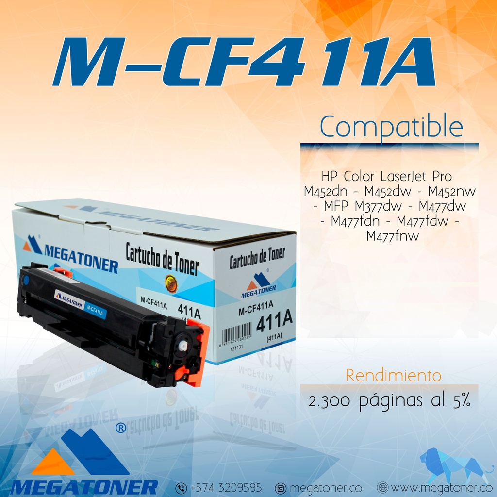 Cartucho de Tóner MEGATONER M-CF411A (411A) Compatible con HP (M452, M477)