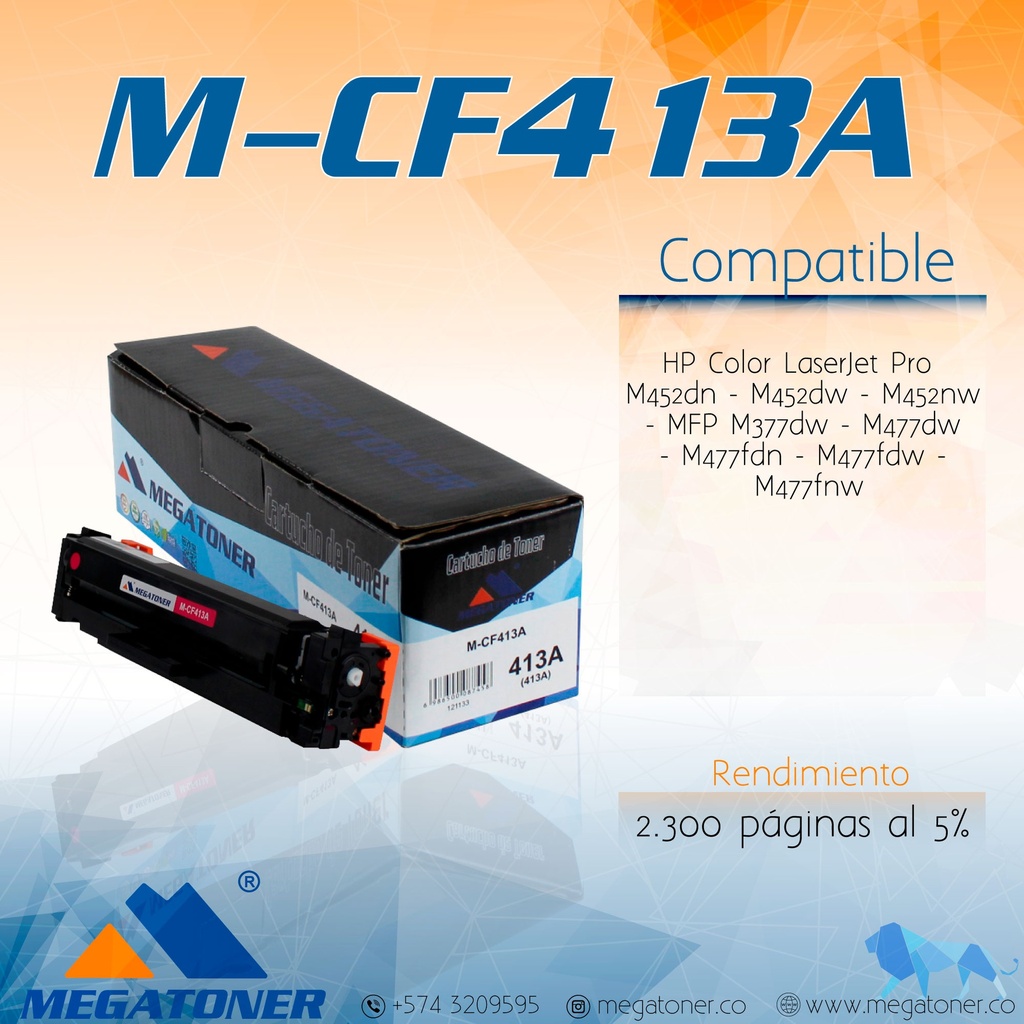 Cartucho de Tóner MEGATONER M-CF413A (413A) Compatible con HP (M452, M477)