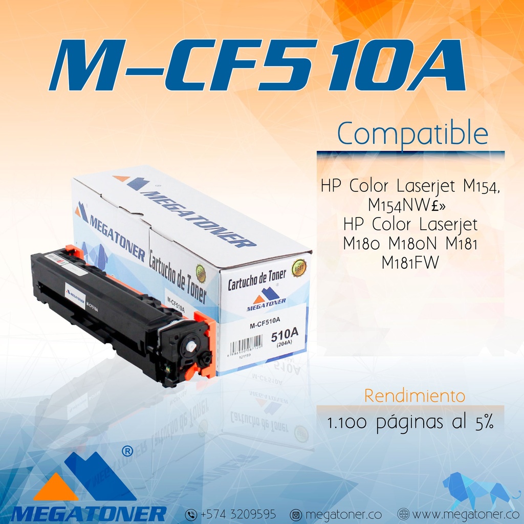 Cartucho de Tóner MEGATONER M-CF510A (204A) Compatible con HP (M154, M180, M181)